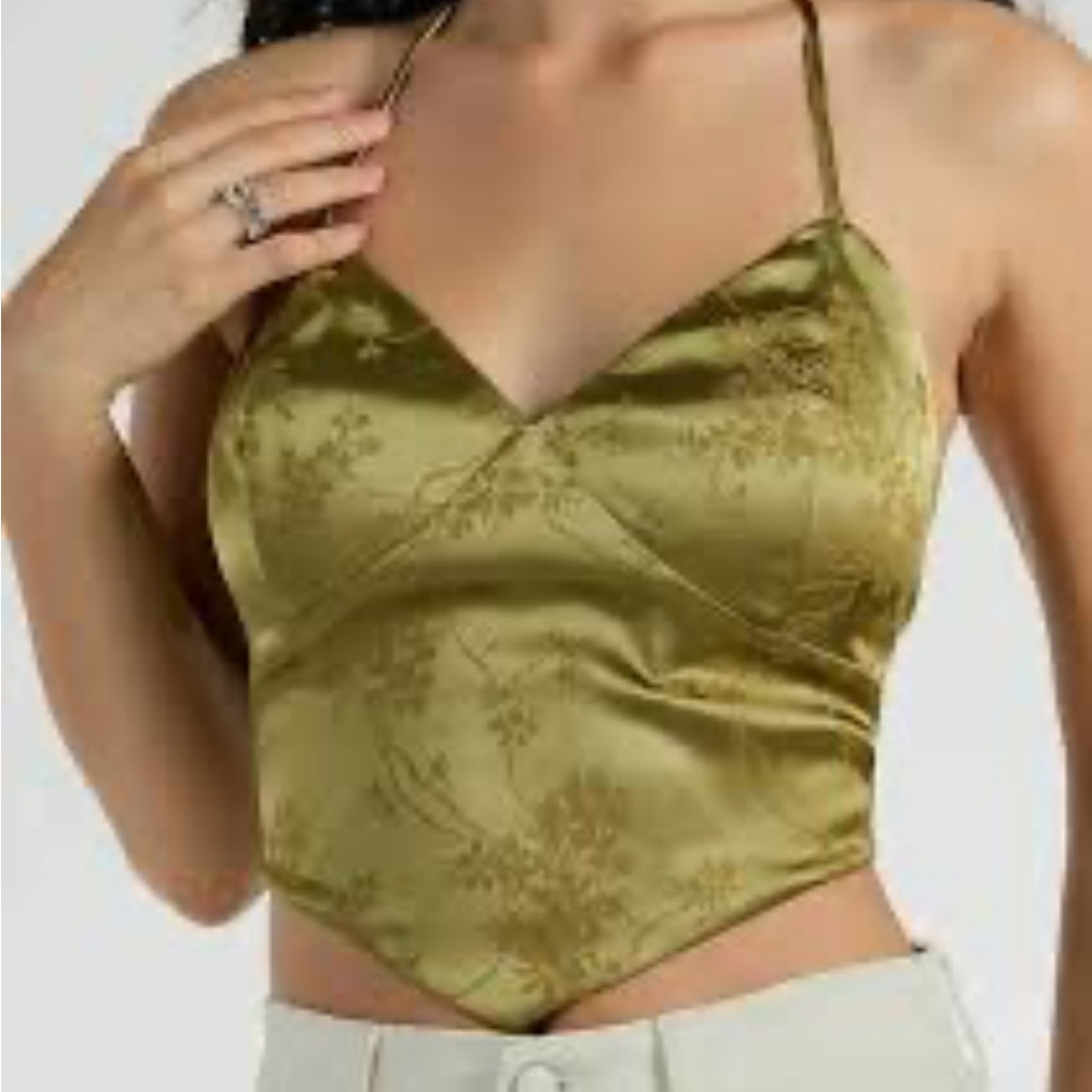 Elegant Olive Green Satin Halter Top
